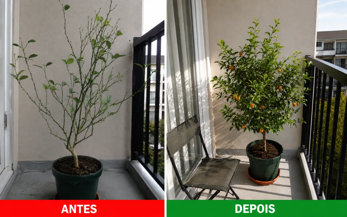 Laranjeira na varanda antes e depois de usar o adubo natural