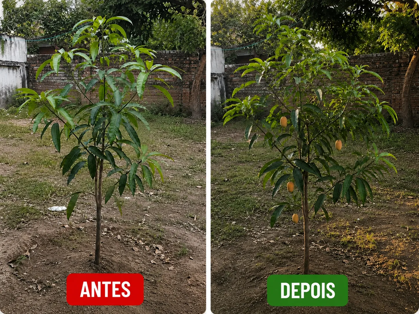 Mangueira antes e depois de usar o adubo natural